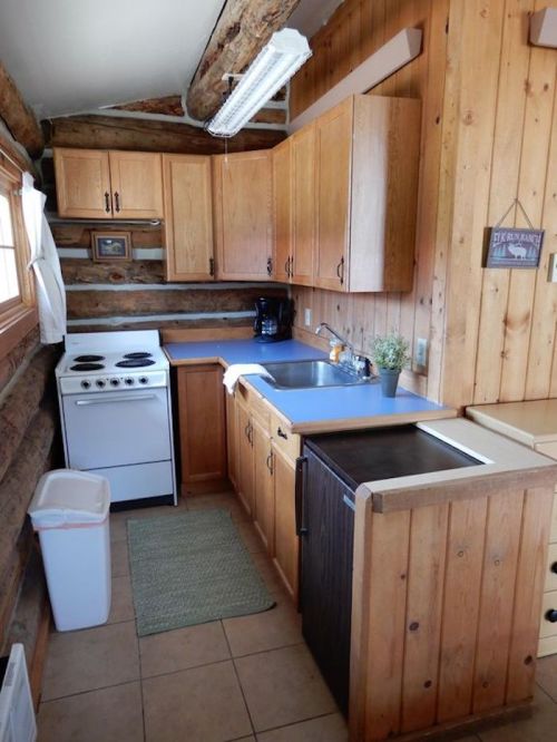 Cozy kitchen with wooden cabinets, a stove, sink, and a small rug, featuring rustic log walls and natural light.