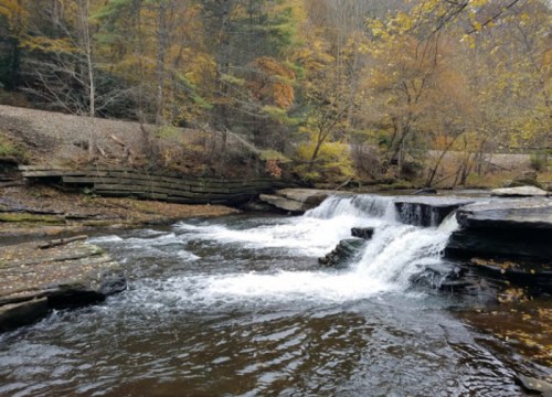 A serene river flows over rocks, surrounded by autumn trees and a peaceful landscape.