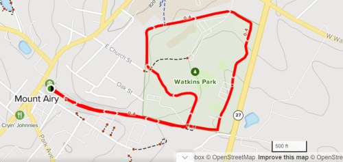 Map showing a route around Watkins Park in Mount Airy, marked in red, with nearby streets and landmarks.