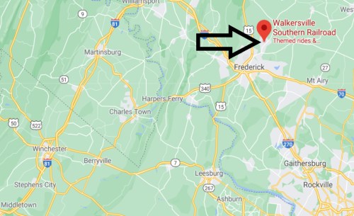 Map showing the location of Walkersville Southern Railroad near Frederick, Maryland, with themed rides indicated.