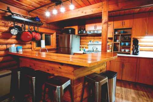 Cozy log cabin kitchen with wooden countertops, stainless steel appliances, and hanging pots. Brightly lit and inviting.