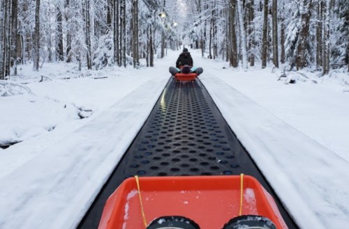 Two people on sleds sliding down a snowy, forested path with trees lining the sides.
