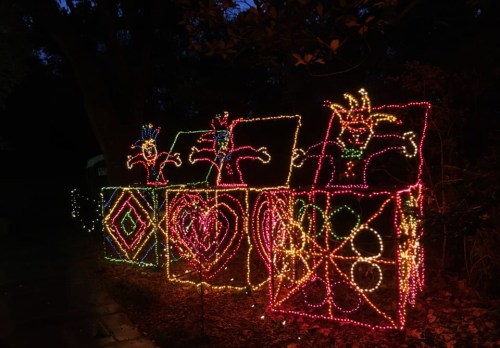 Colorful holiday lights shaped like gift boxes with festive designs, glowing in a dark outdoor setting.