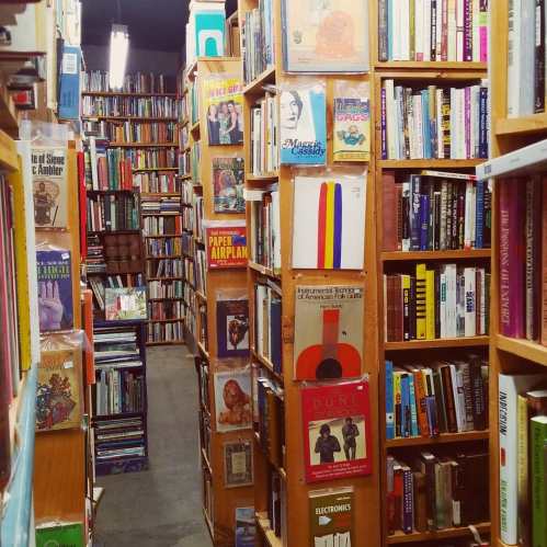 A narrow aisle between tall bookshelves filled with various books and colorful covers in a cozy bookstore.