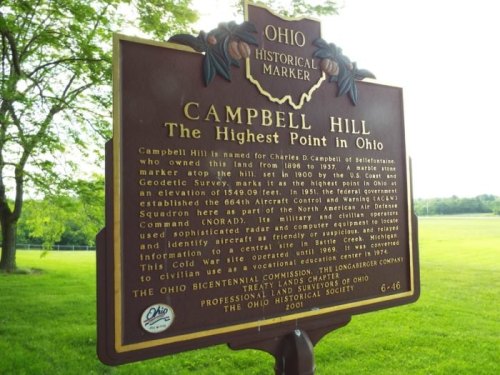 Historical marker for Campbell Hill, the highest point in Ohio, detailing its significance and history.
