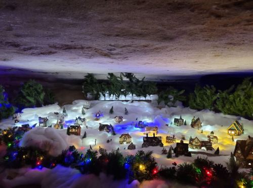 A miniature winter village scene with colorful lights, snowy ground, and small houses surrounded by trees.