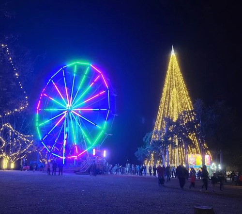 A brightly lit Ferris wheel and a tall Christmas tree adorned with lights at night, with people enjoying the festive atmosphere.