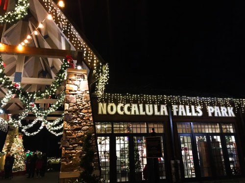 Noccalula Falls Park entrance decorated with festive lights at night, showcasing holiday spirit.