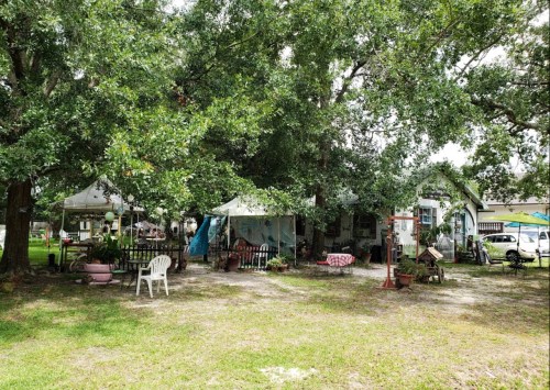 A cozy outdoor space with tents, seating, and greenery, surrounded by trees and a small building in the background.