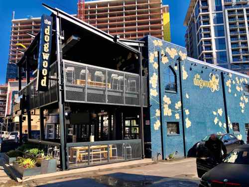 Exterior view of The Dogwood, a modern building with a blue wall and floral design, featuring a patio and urban backdrop.