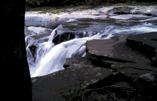 A serene waterfall cascading over rocky terrain, surrounded by lush greenery.