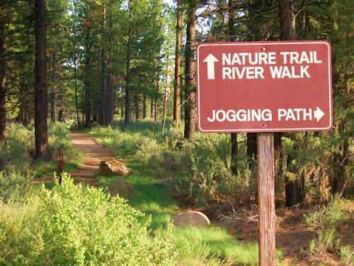 A brown sign points to a nature trail, river walk, and jogging path amidst a lush green forest.