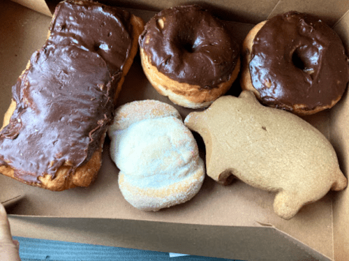 A box of assorted pastries including chocolate-covered donuts, a frosted pastry, and a bear-shaped cookie.