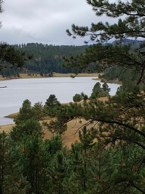 A serene lake surrounded by trees and mountains under a cloudy sky.