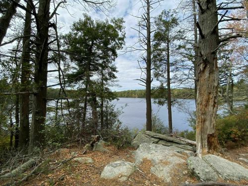 A serene view of a lake surrounded by trees, with rocky terrain in the foreground and a cloudy sky above.