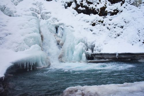 A frozen waterfall surrounded by snow, with icy formations and a flowing river beneath.