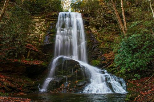 A serene waterfall cascades over mossy rocks, surrounded by lush greenery and autumn leaves.