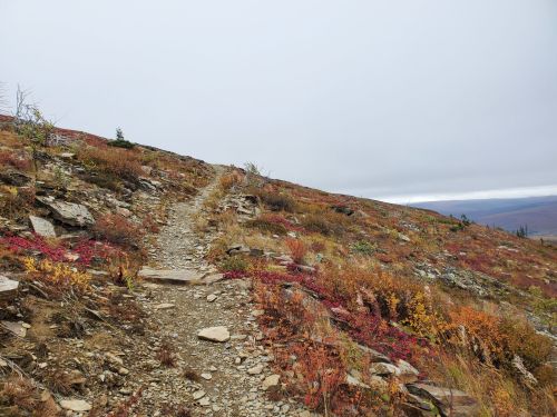 A rocky trail winds through a colorful autumn landscape with red and orange foliage under a cloudy sky.