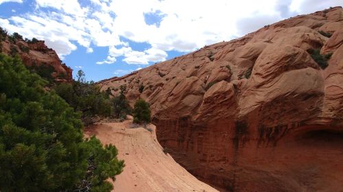 A rocky canyon landscape with red sandstone formations and scattered greenery under a partly cloudy sky.