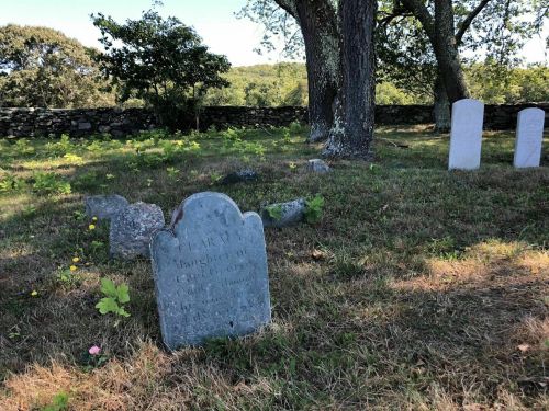 A weathered gravestone in a grassy cemetery, surrounded by trees and other stones, with a stone wall in the background.