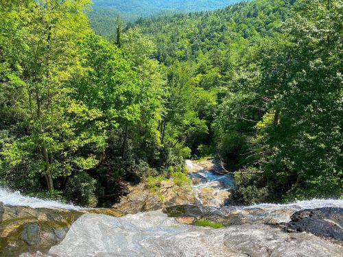 A scenic view from a waterfall, showcasing lush green trees and a valley in the background under a clear blue sky.