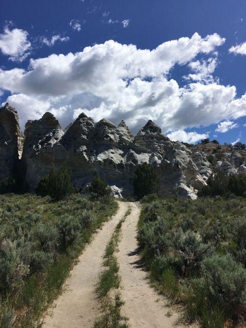 A dirt path leads through green shrubs towards rocky, jagged cliffs under a blue sky with fluffy white clouds.