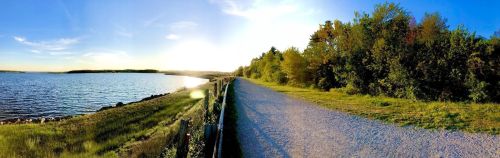 A scenic view of a gravel path along a lake, with lush greenery and a bright sunset in the background.