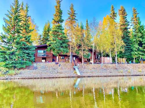 A cozy cabin by a lake, surrounded by tall trees and autumn foliage, reflecting in the calm water.
