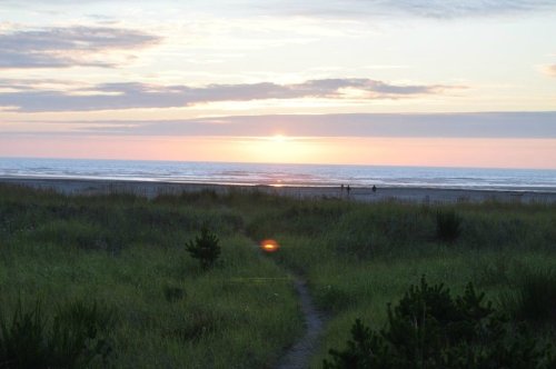A serene beach scene at sunset, with a path through green grass leading to the ocean under a colorful sky.