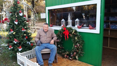 A man sits on a stool beside a decorated green shed, surrounded by Christmas trees and festive decorations.