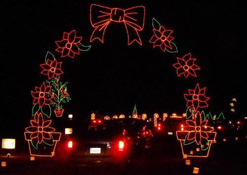 Colorful holiday lights in the shape of flowers and a bow, illuminating a nighttime scene with cars driving through.