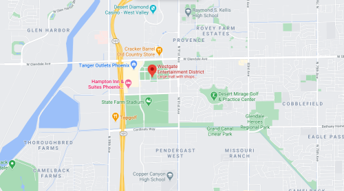 Map showing the Westgate Entertainment District, State Farm Stadium, and nearby landmarks in Glendale, Arizona.