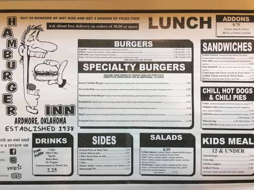 Menu for Hamburger Inn in Ardmore, Oklahoma, featuring burgers, specialty burgers, sides, salads, and kids' meals.