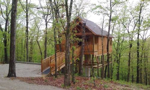 A wooden treehouse nestled among green trees, featuring a ramp and surrounded by a forested landscape.