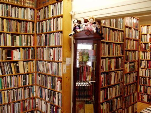 A cozy library corner filled with bookshelves and a display cabinet topped with plush toys.