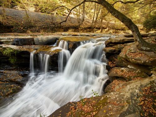 A serene waterfall cascades over rocky ledges, surrounded by autumn foliage and a peaceful forest setting.