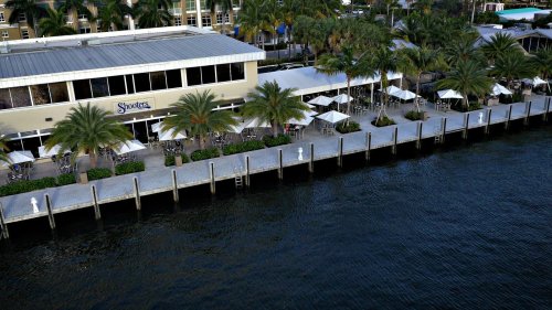 A waterfront restaurant with outdoor seating, palm trees, and a wooden dock along a calm body of water.