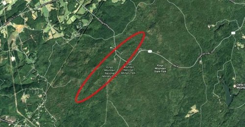Map showing Kings Mountain National Military Park and surrounding areas, highlighted in red.