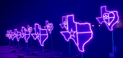 Neon purple lights shaped like Texas with hearts and stars, arranged in a row against a dark background.