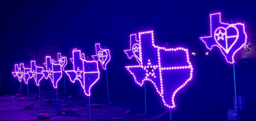 Neon purple lights shaped like Texas with hearts and stars, arranged in a row against a dark background.