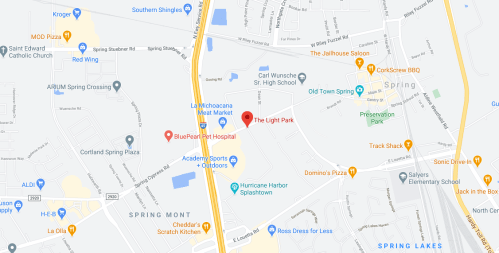 Map showing the area around The Light Park in Spring, Texas, with nearby landmarks and streets labeled.