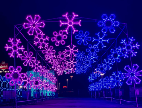 Colorful snowflake-shaped lights in pink and blue illuminate a dark night sky, creating a festive atmosphere.