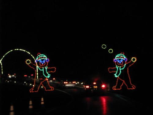 Colorful holiday light displays of two bears wearing scarves and hats, set against a dark night sky with cars in the background.