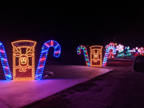 Colorful holiday light displays featuring candy canes and a reindeer named Cupid against a dark night sky.