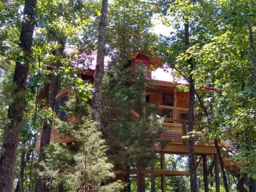 A wooden treehouse nestled among tall trees, featuring a red roof and surrounded by lush green foliage.