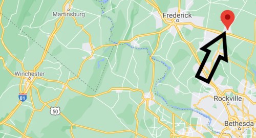 Map showing a highlighted location northeast of Frederick, Maryland, near Rockville and Winchester.