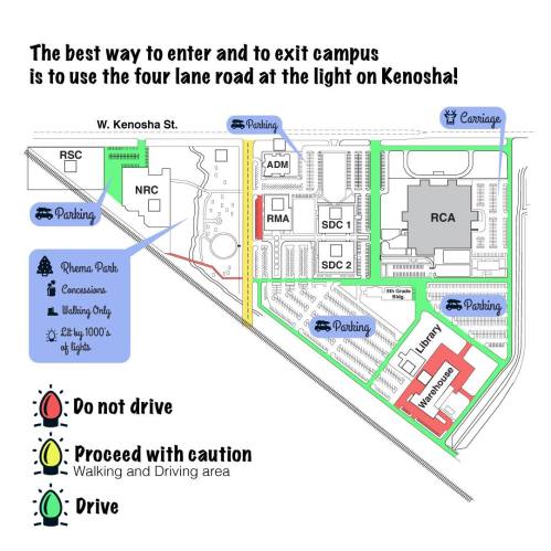 Map showing campus entry and exit routes, highlighting parking, walking areas, and traffic signals.