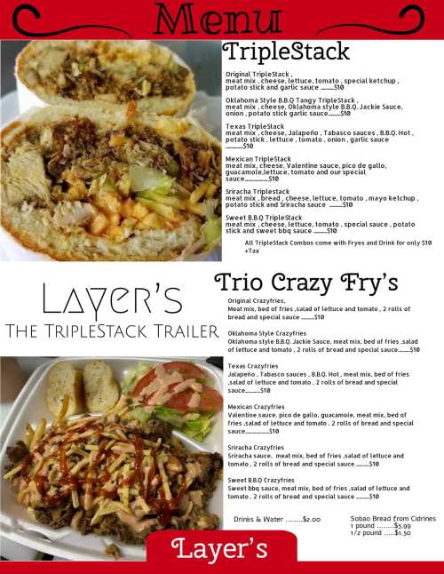 Menu featuring various burger and fry options, including TripleStack, Trio Crazy Fry's, and different toppings and sauces.