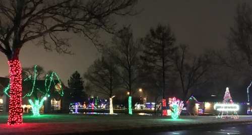 Colorful holiday lights decorate trees and a yard, creating a festive atmosphere on a dark night.