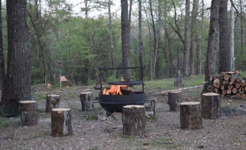 A campfire burns in a black pot over a fire pit, surrounded by log seating in a wooded area.